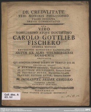 De Credulitate Veri Nominis Philosopho Valde Indigna Brevis Commentatio