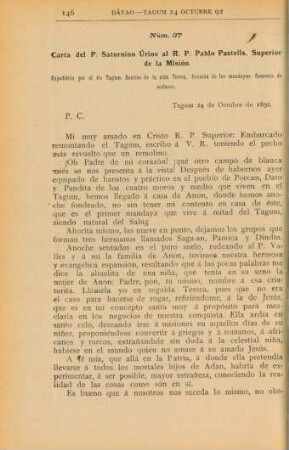 Núm. 37. Carta del P. Saturnino Úrios al R. P. Pablo Pastells, Superior de la Misión