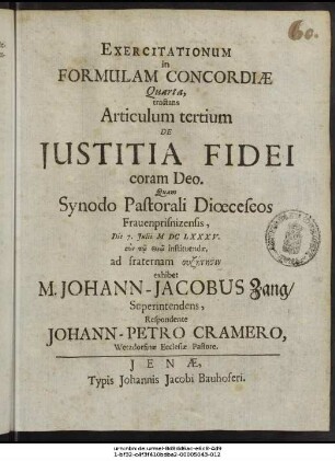 Exercitationum in Formulam Concordiae Quarta, tractans Articulum tertium De Iustitia Fidei coram Deo