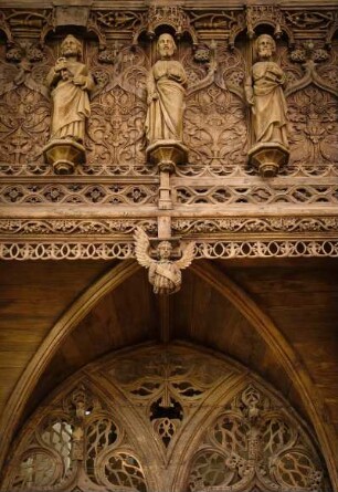 Frankreich. Bretagne. Finistere. Lambader. Chapelle Notre Dame. 15 Jahrhundert. Geschnitzter Lettner im Flamboyantstil. 1481