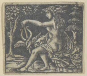 Sitzende nackte Frau, auf einen Caduceus gestützt (Merkur?)