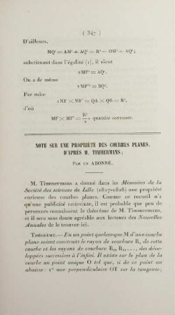 Note sur une propriété des courbes planes, d'après M. Timmermans.