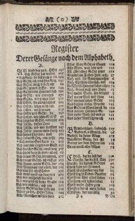 Register Derer Gesänge nach dem Alphabeth.