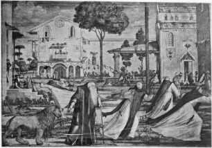 Bildausstattung — Lebensszenen des heiligen Hieronymus — Der heilige Hieronymus führt den Löwen zum Kloster