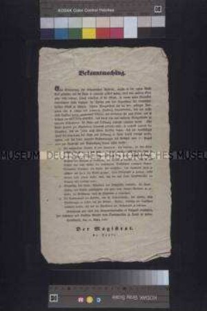 Bekanntmachung. Der Magistrat der Stadt Greifswald gibt die Bestimmungen zur Aufrechterhaltung von Ruhe und Ordnung bei Tumulten bekannt; Greifswald, 16. März 1848