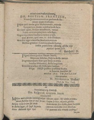 Gratulationes [Beiträger: C. Kortholt. Hermannus Becker. Petrus Sperlingh. Niclas Thesing. Gerhardus Puthoff.]