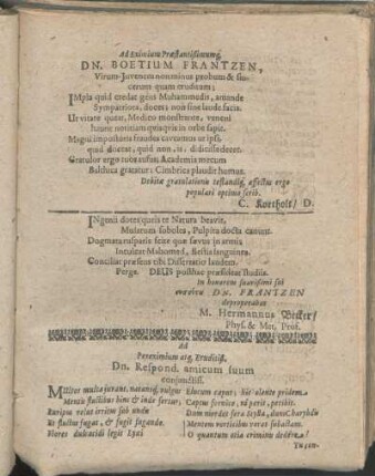 Gratulationes [Beiträger: C. Kortholt. Hermannus Becker. Petrus Sperlingh. Niclas Thesing. Gerhardus Puthoff.]