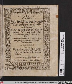 Christus Omniscius, In welchem verborgen liegen alle Schätze der Weißheit und Erkentnus/