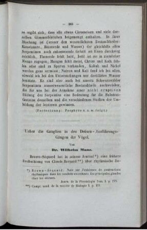 Ueber die Ganglien in den Drüsen-Ausführungs-Gängen der Vögel.