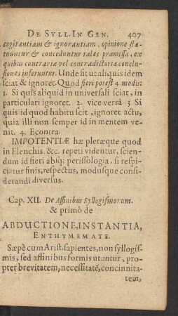 Cap. XII. De Affinibus Syllogismorum. & primo de Abductione, Instantia, Enthymemate.