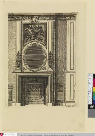 [Nouveaux Lievre de Cheminées a la Hollandoise; Kamin, darüber Darstellung eines Blumenstraußes]
