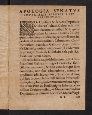 A2r-B3v, Apologia senatus imperialis et liberae civitatis Coloniae Agrippinae...