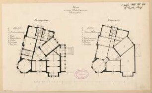 Wohnhaus, Eberswalde Monatskonkurrenz Juli 1880: Grundriss Keller, Dachgeschoss; Maßstabsleiste