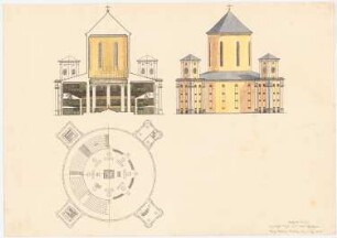 Katholische Kirche mit 4500 Sitzplätzen: Grundriss, Ansicht, Schnitt 1:300
