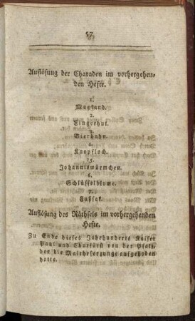 Auflösung der Charaden im vorhergehenden Hefte. - Räthsel.