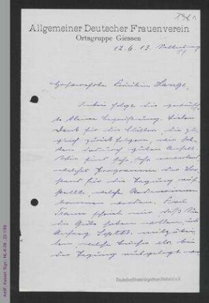 Brief von Minna Naumann an Helene Lange