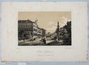 Das Hotel Bellevue (bis 1853 Calberlasche Zuckersiederei) in Dresden vom Packhof nach Osten, rechts Katholische Hofkirche und erste Semperoper (Hoftheater)