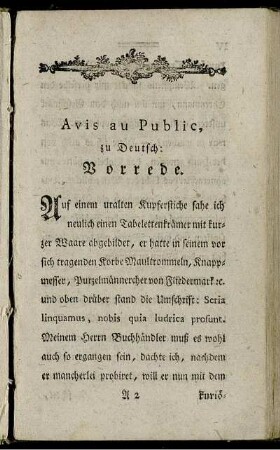 Avis au Public, zu Deutsch: Vorrede.