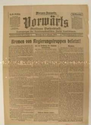 Zentralorgan der SPD "Vorwärts" zur Besetzung Bremens durch Regierungstruppen