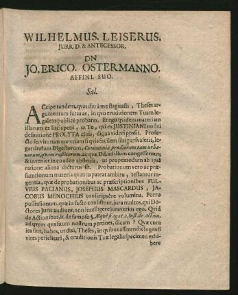 Wilhelmus. Leiserus. Iurr. D. & Antecessor. Dn. Jo. Erico. Ostermanno. Affini. Suo. Sal.