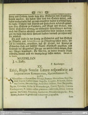 XX. Erici, Regis Sveciae Literae responsoriae ad Imperatorem Romanorum , Maximilianum II. 1567