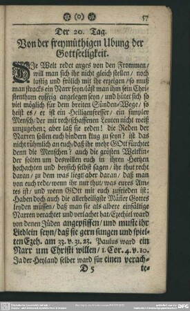 Der 20. Tag. Von der freymüthigen Ubung der Gottseeligkeit