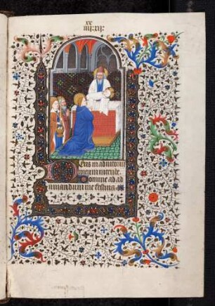 Bordüren-Miniatur-Seite: (Marienoffizium: Non) Darbringung Christi im Tempel; Zierinitiale: D(eus in adiutorium meum intende)