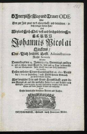 Schmertzliche Klag- und Trauer-Ode uber den ... Todes-Fall deß ... Johannis Nicolai Linckens