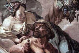 Bauer mit der Personifikation der Fruchtbarkeit vor einer Landschaft mit landwirtschaftlichen Arbeiten: "Scientia difficilis sed fructuosa"
