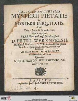 Collatio Antithetica Mysterii Pietatis &[Et] Mysterii Iniquitatis