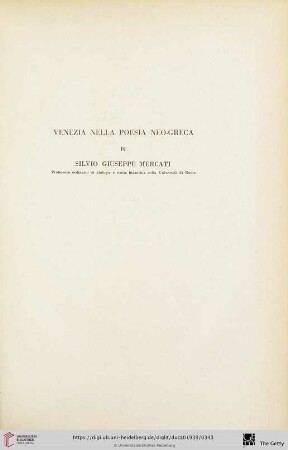 Silvio Giuseppe Mercati: Venezia nella poesia neo-greca