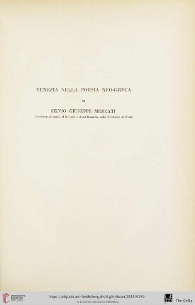 Silvio Giuseppe Mercati: Venezia nella poesia neo-greca