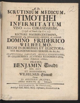Scrutinium Medicum, Timothei Infirmitatum vino oligō Curandarum : (1. Epist. ad Timoth. Cap. V. v. 23.)