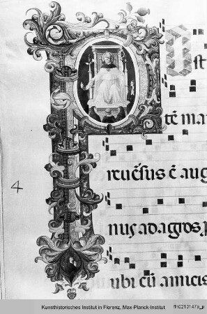 Antiphonar von San Gaggio : Historisierte Initiale P(ost): Der heilige Augustinus überreicht die Ordensregeln