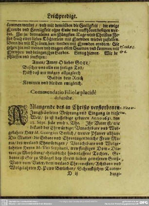 Lebenslauf : Commendatio Filioae placidê defunctae