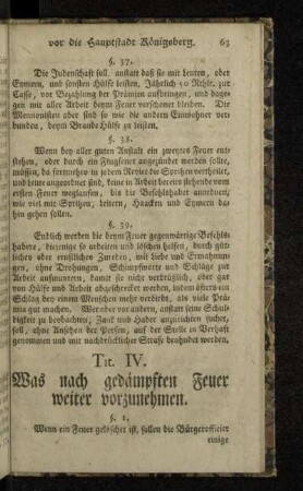 Tit. IV. Was nach gedämpften Feuer weiter vorzunehmen.