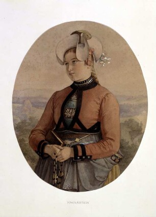 Trachtenbild "Hauenstein: Eine Frau beim Kirchgang (: mit dem früher üblichen sogenannten Schnotzhut :)"