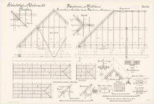 Schlachthof und Viehmarkt, Breslau Maschinen- und Kühlhaus: Konstruktion der Oberlichter über Maschinen- und Kesselraum: Aufsicht 1:50 Querschnitt Längsschnitt Details 1:20 Eisengelenke 1:5 Schrauben: Schnitte 1:1