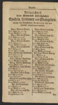 Verzeichniß derer Sonn- und Fest-täglichen Episteln, Lectionen und Evangelien ...