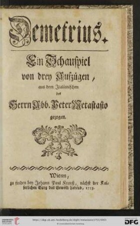 Demetrius : Ein Schauspiel von drey Aufzügen