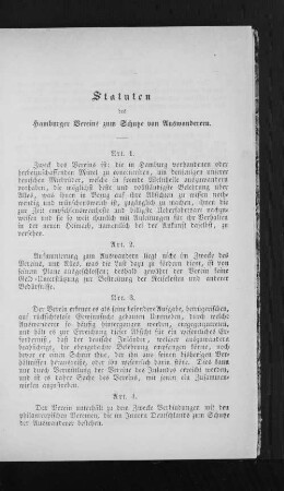 Statuten des Hamburger Vereins zum Schutze von Auswanderern.