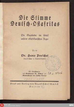 Die Stimme Deutsch-Ostafrikas : die Engländer im Urteil unserer ostafrikanischen Neger
