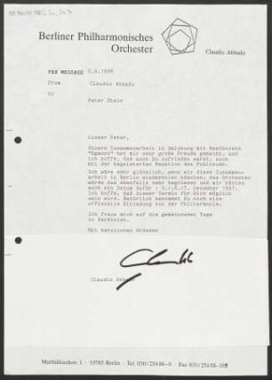 Brief an Peter Stein, 05.09.1996