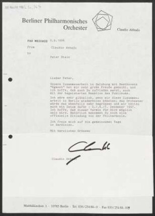 Brief an Peter Stein, 05.09.1996