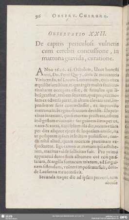 Observatio XXII. De capitis periculosi vulneris cum cerebri concussione, in matrona gravida, curatione