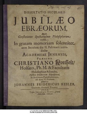 Dissertatio Secularis De Iubilaeo Ebraeorum