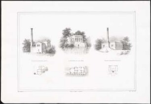 Dampfmaschinenhaus / Caféhaus am See: Grundrisse, Perspektivische Ansichten (aus: Architektonische Entwürfe aus der Sammlung des Architektenvereins zu Berlin, H.3, 1838)