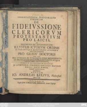 Dissertationem Inavgvralem Ivridicam De Fideivssione Clericorvm Protestantivm Pro Laicis