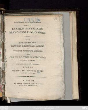 Dissertatio Inavgvralis Medica Exhibens Examen Systematis Brvnoniani Physiologici