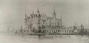 Entwurf für den Umbau des Schlosses, Schwerin. Perspektive der Burgseeseite